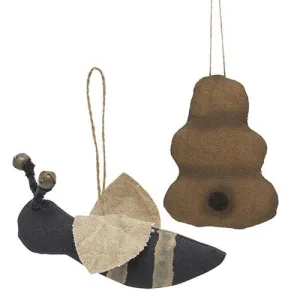 *2/Set Primitive Bumble Bee and Hive Ornaments