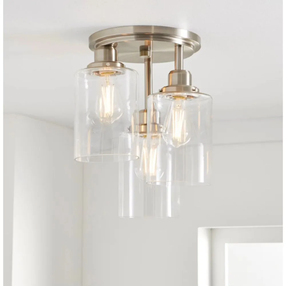 Better Homes & Gardens BHS336179061034 Glam 3-Light Flush Mount Ceiling Light, Satin Nickle Metal Clear Glass Shades