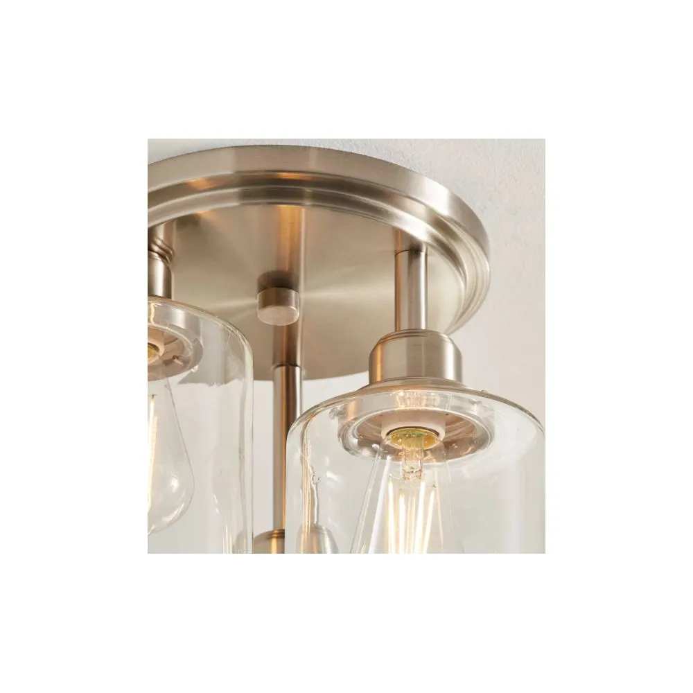 Better Homes & Gardens BHS336179061034 Glam 3-Light Flush Mount Ceiling Light, Satin Nickle Metal Clear Glass Shades