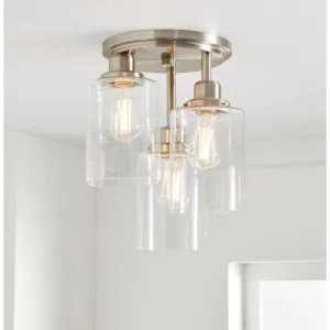 Better Homes & Gardens BHS336179061034 Glam 3-Light Flush Mount Ceiling Light, Satin Nickle Metal Clear Glass Shades