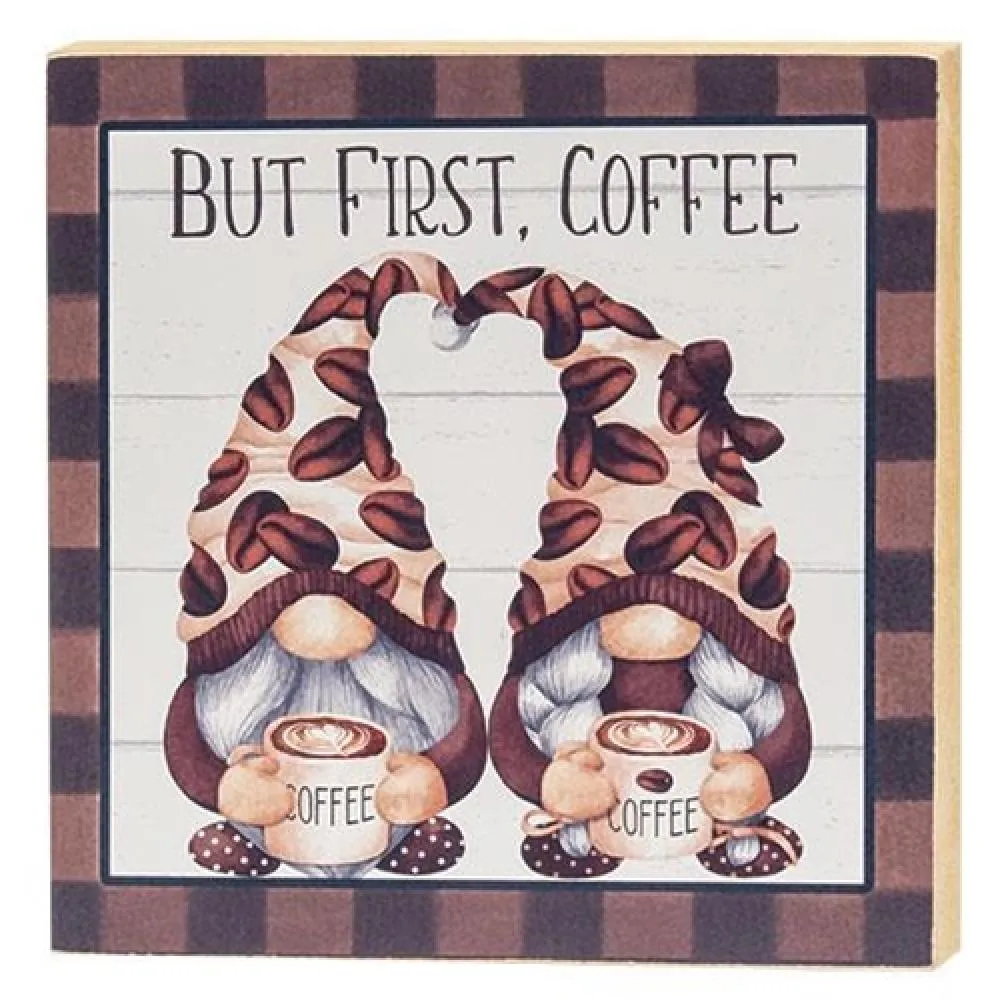 *But First Coffee Gnome Square Wooden Block