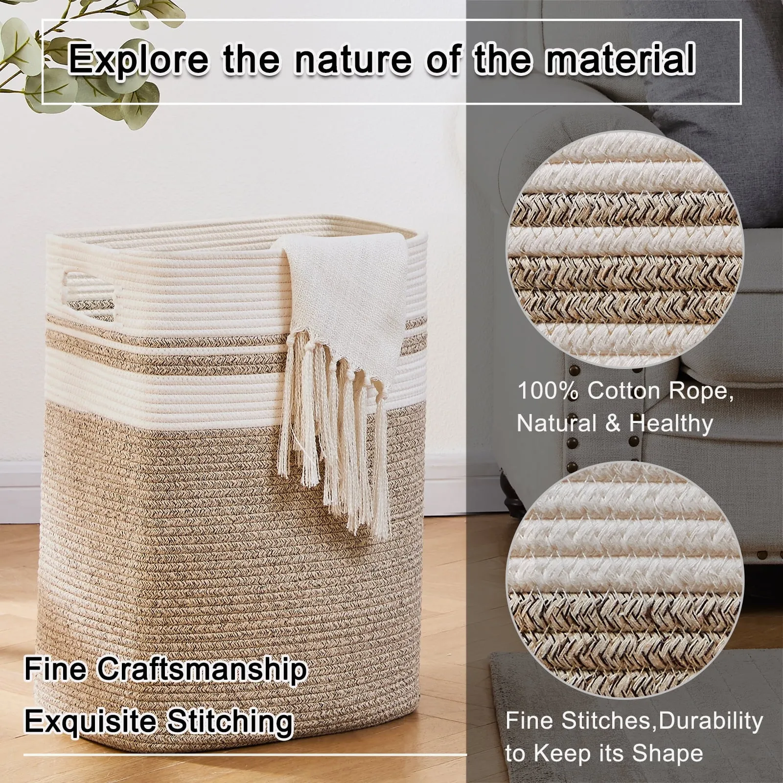 Cherishgard 16x13x22 Cotton Woven Rope Laundry Hamper, Yellow-One