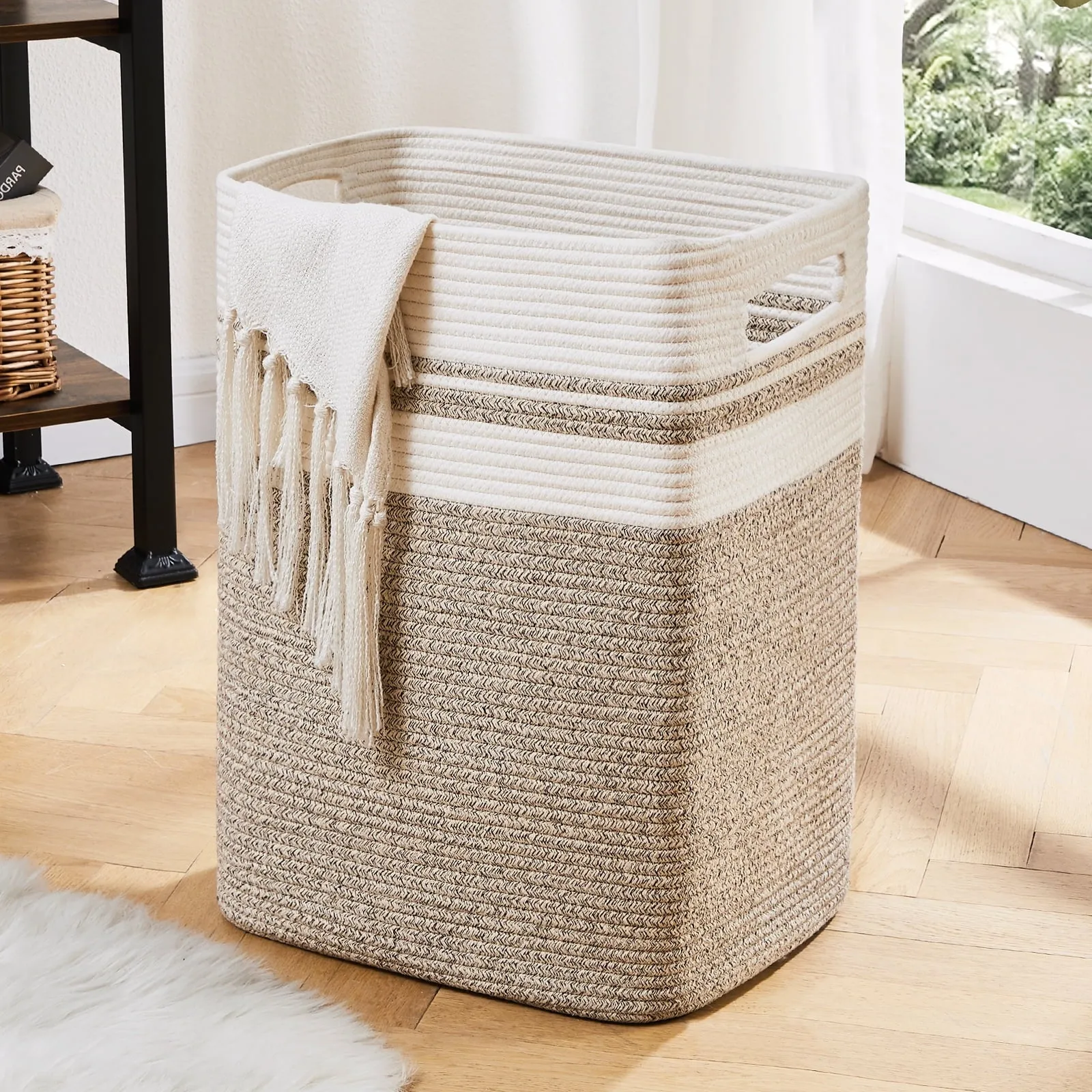 Cherishgard 16x13x22 Cotton Woven Rope Laundry Hamper, Yellow-One