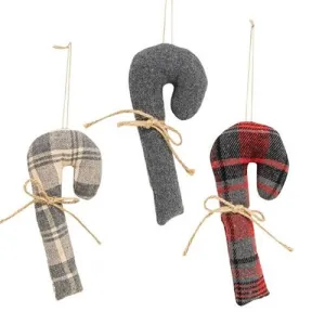*Christmas Plaid Fabric Candy Cane Ornaments 3 Asstd