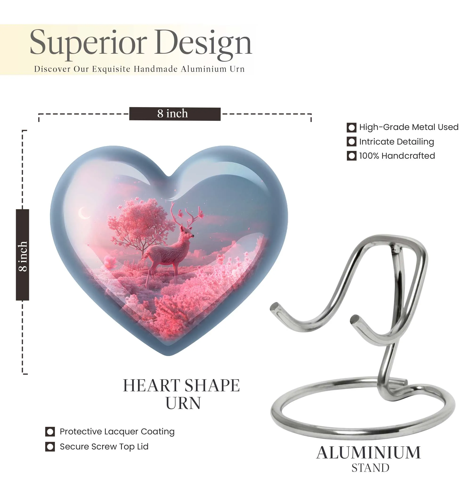 Deer Eternal Rest 10 inch Large, Aluminum Heart Memorial Urn