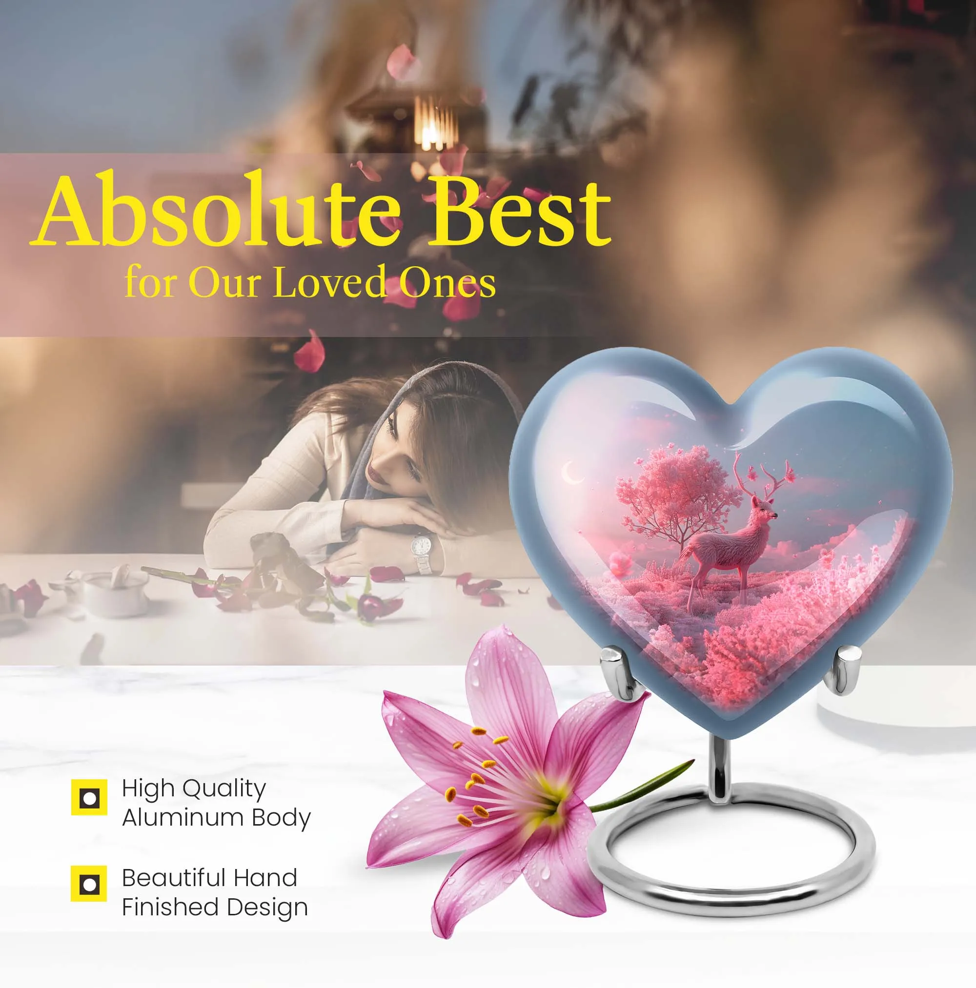 Deer Eternal Rest 10 inch Large, Aluminum Heart Memorial Urn