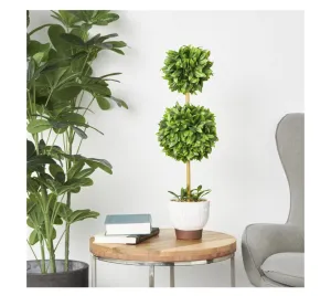 GREEN FAUX FOLIAGE BOXWOOD BALL TOPIARY WITH WHITE CEMENT POT, 9" X 8" X 27"