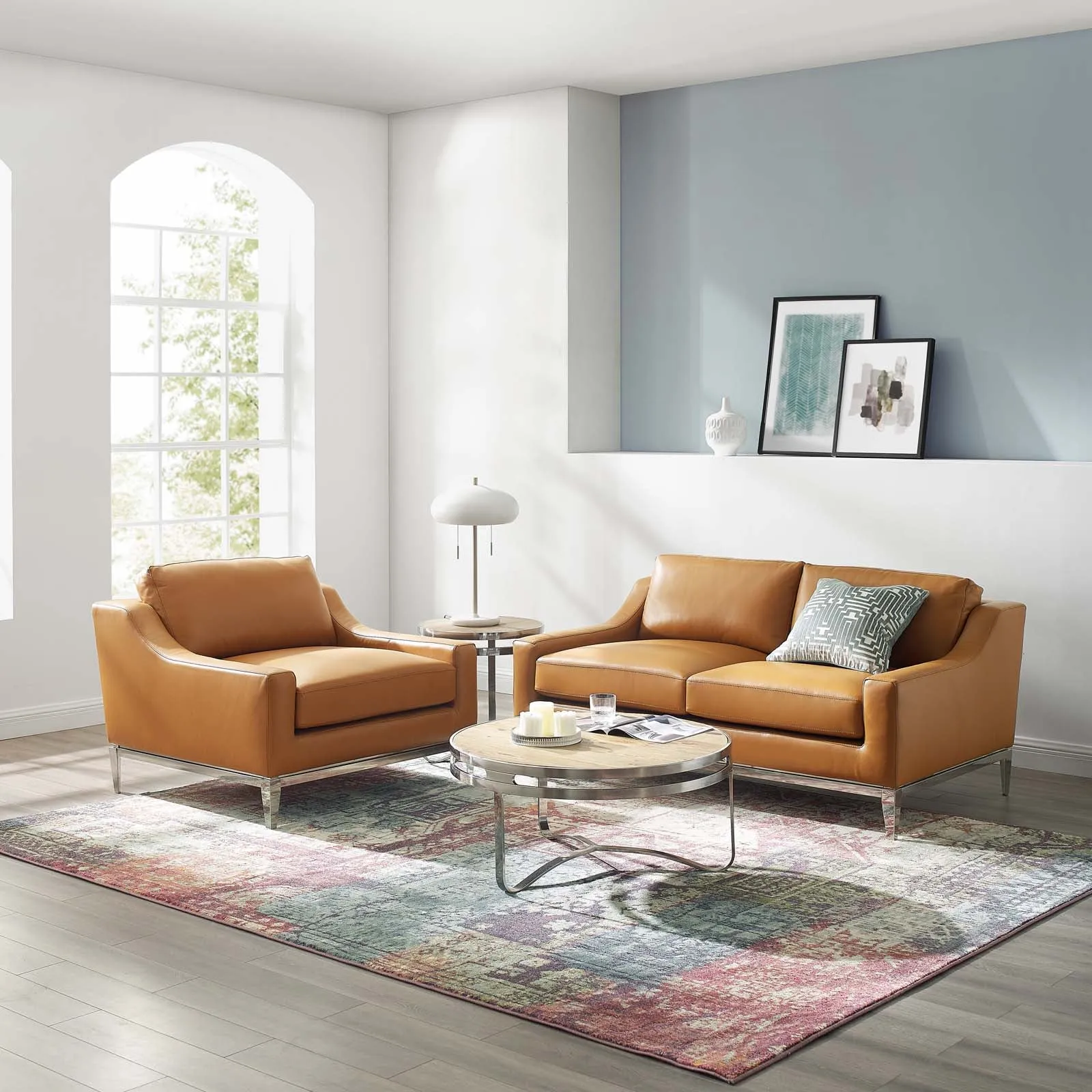 Harness Stainless Steel Base Leather Loveseat & Armchair Set by Modway