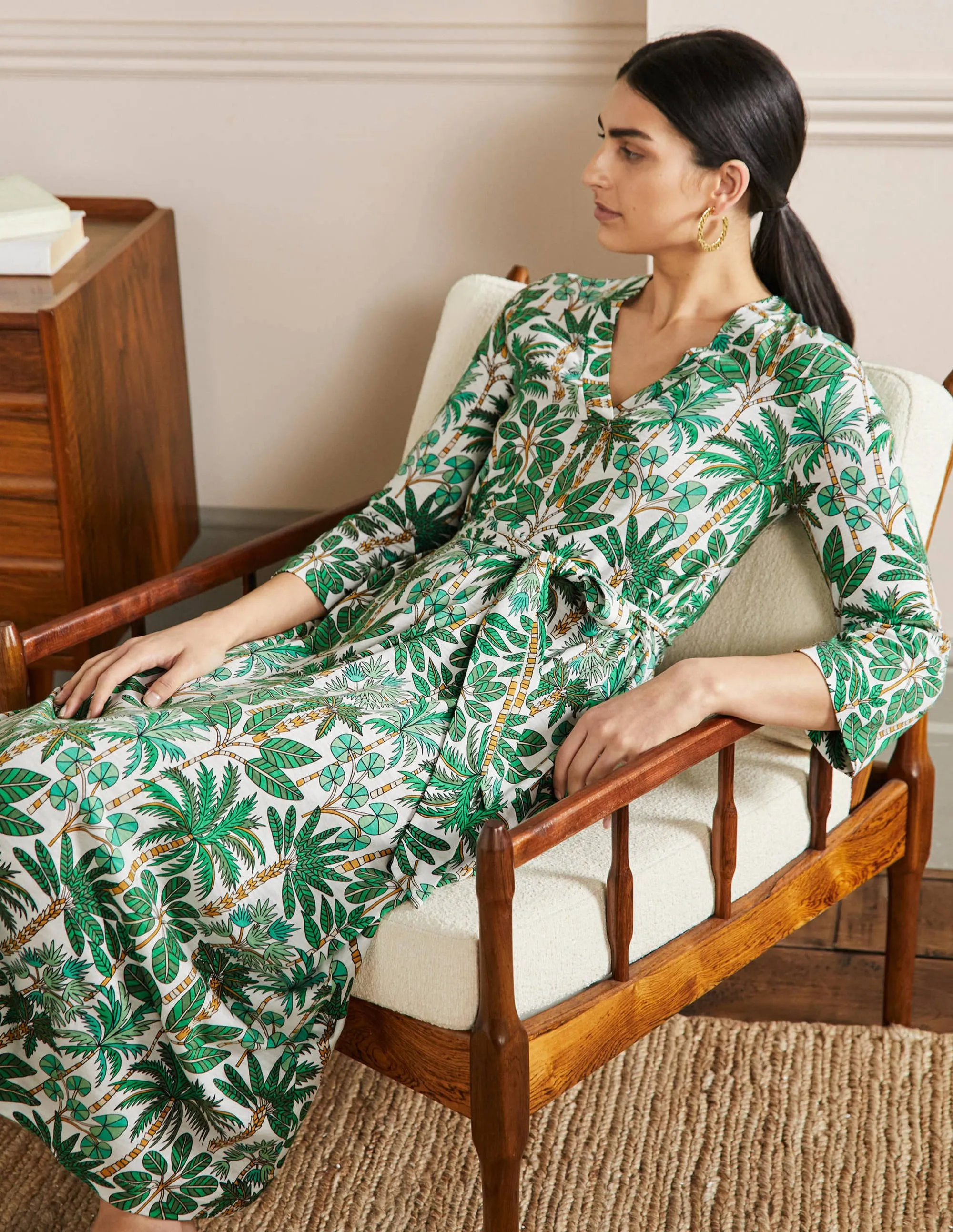 Jersey Kaftan Midi Dress-Ivory. Palm Forest