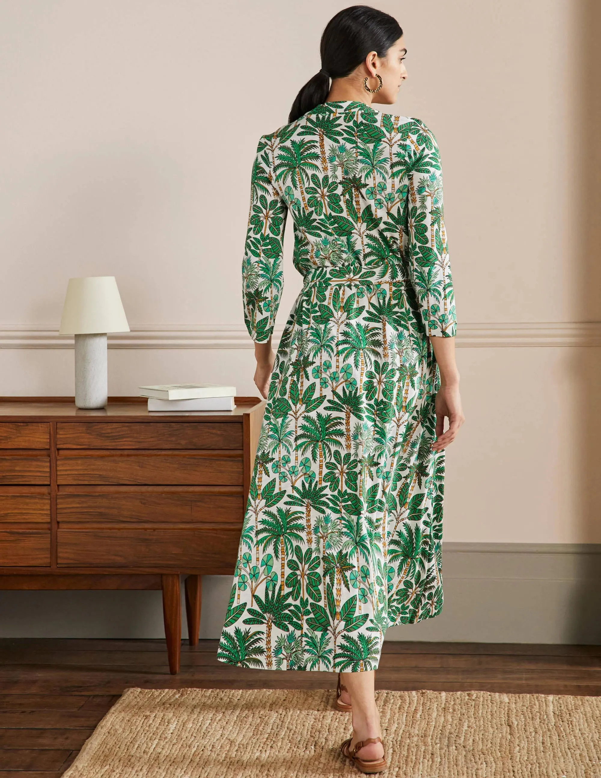 Jersey Kaftan Midi Dress-Ivory. Palm Forest