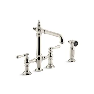 Kohler 76519-4-SN Artifacts 2-Handle Bridge Kitchen Faucet w/Lever Handles & Side Spray in Vibrant Polished Nickel