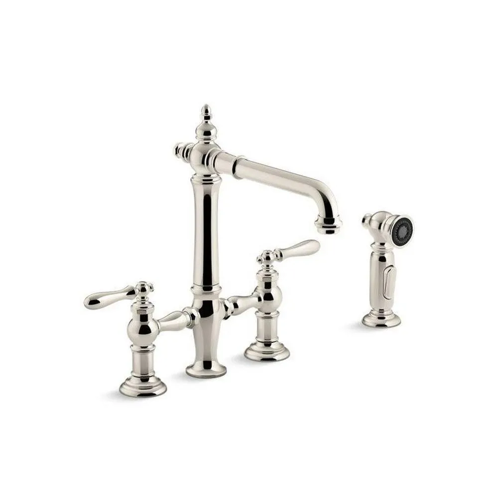 Kohler 76519-4-SN Artifacts 2-Handle Bridge Kitchen Faucet w/Lever Handles & Side Spray in Vibrant Polished Nickel