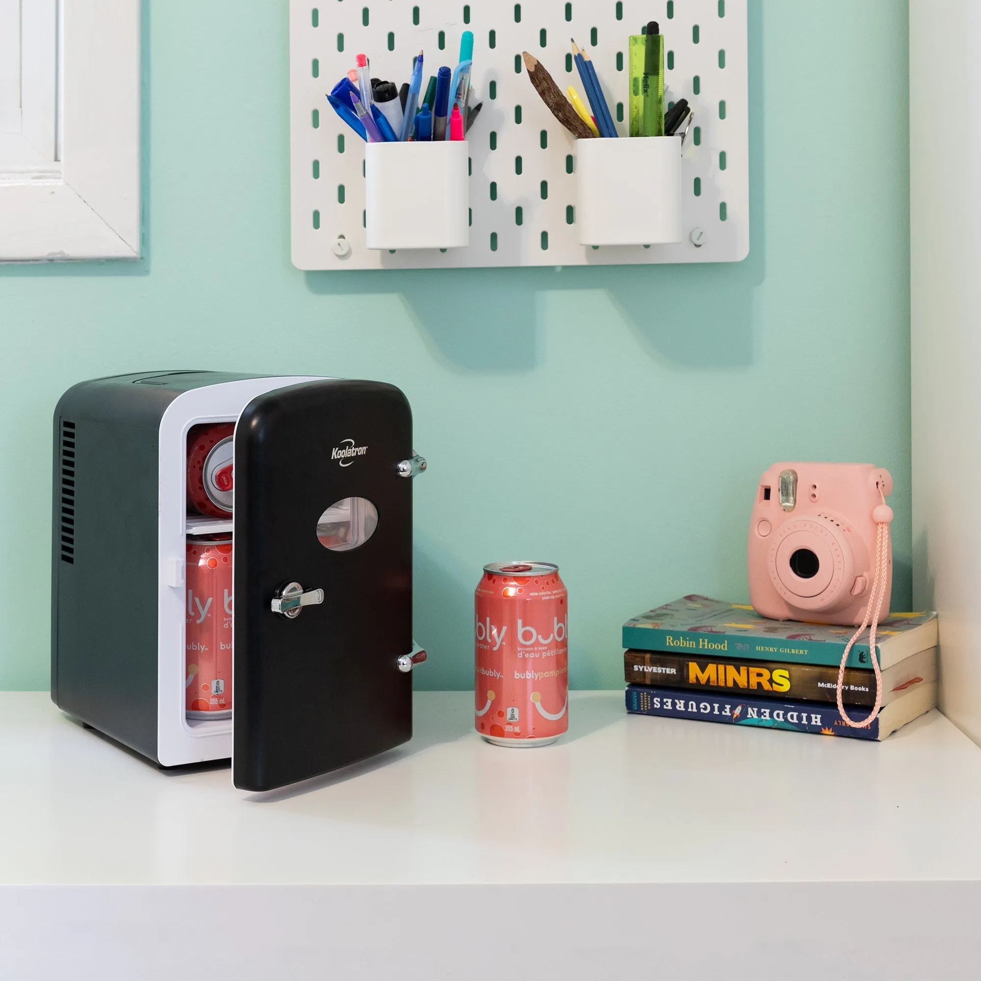 Koolatron 4L Retro Portable Mini Fridge w/ 12V DC and 110V AC Cords, 6 Can Personal Cooler for Snacks, Beverages, Skincare, Beauty Serum, Face Mask, Desktop Accessory for Home Office Dorm Travel, Black