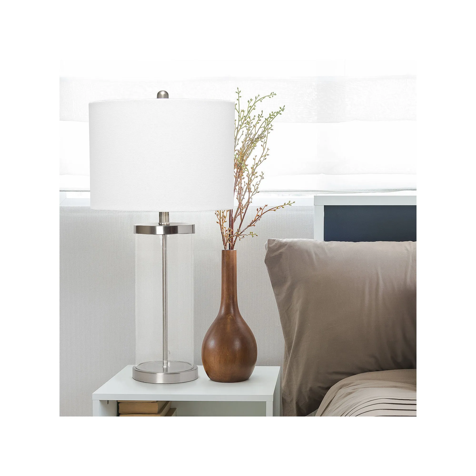Lalia Home LHT-5009-BN Entrapped Glass Table Lamp with White Fabric Shade Nickel