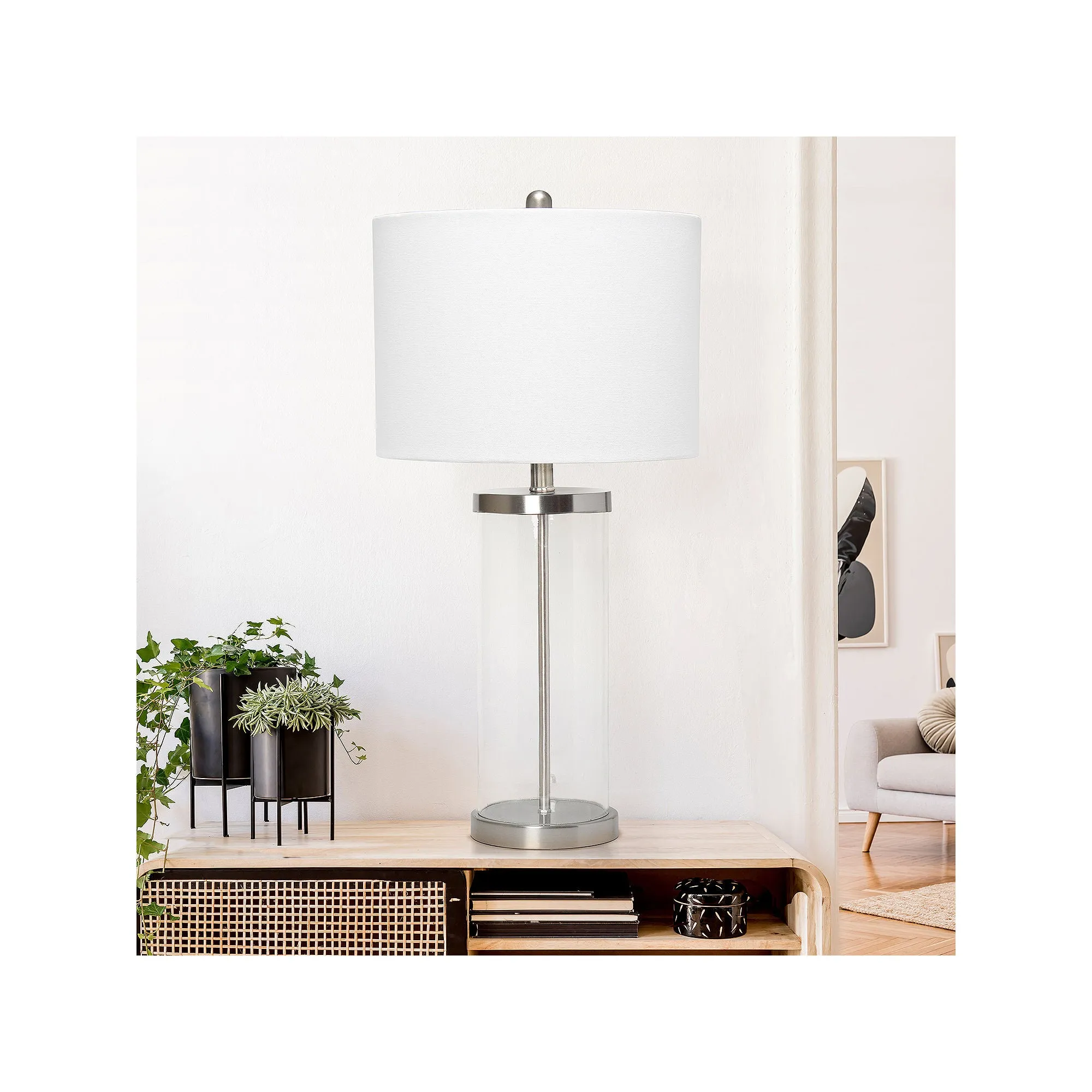Lalia Home LHT-5009-BN Entrapped Glass Table Lamp with White Fabric Shade Nickel