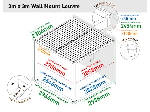 Louvre Roof System Wall Mount 3m x 3m White
