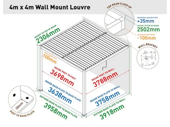 Louvre Roof System Wall Mount 4m x 4m White