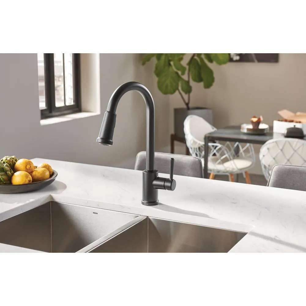 MoenIndi 87090BL Single-Handle Pull-Down Sprayer Kitchen Faucet with Reflex and Power Clean in Matte Black