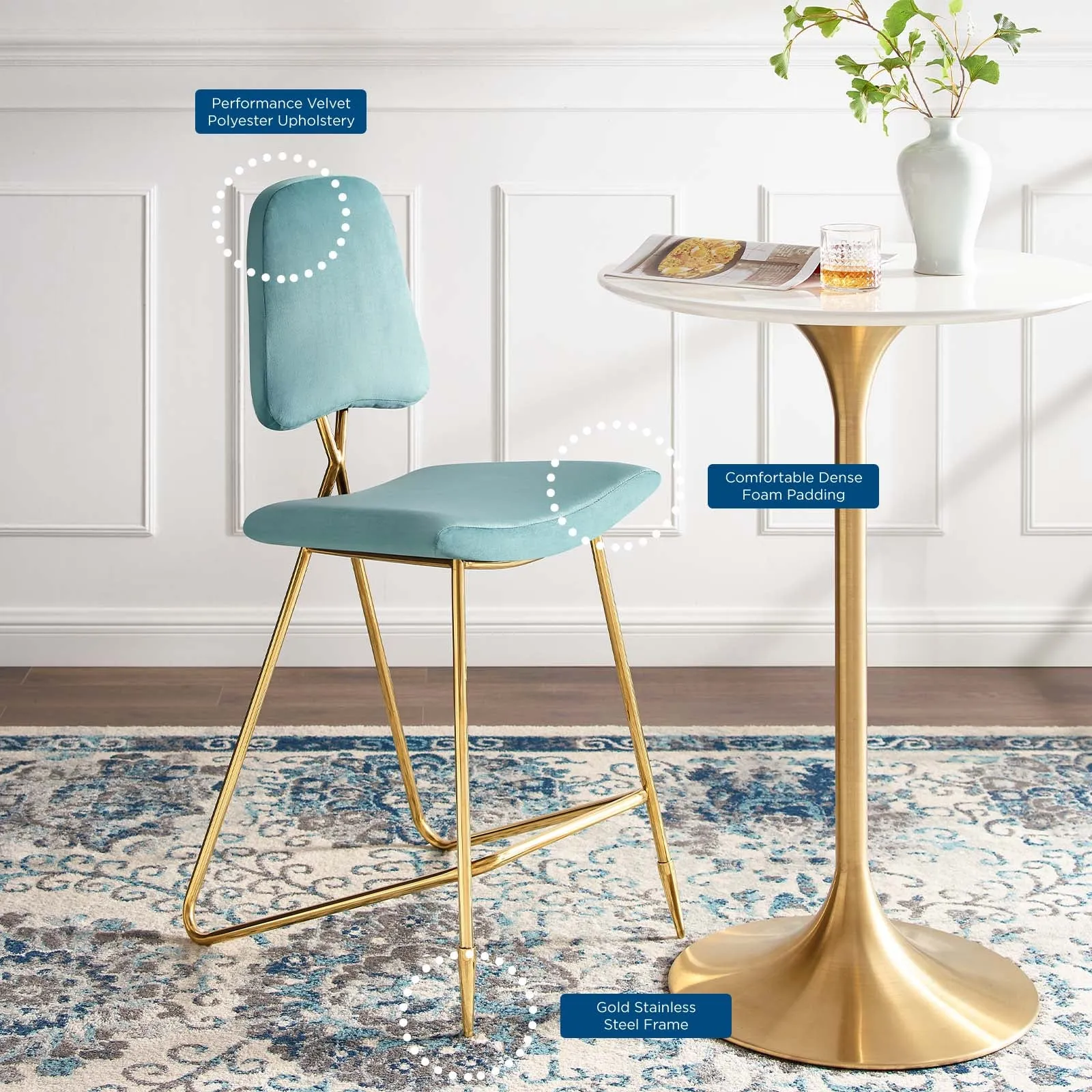 Ponder Performance Velvet Bar Stool by Modway