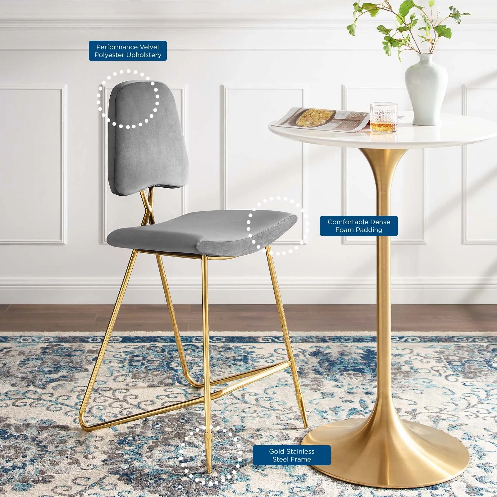 Ponder Performance Velvet Bar Stool by Modway
