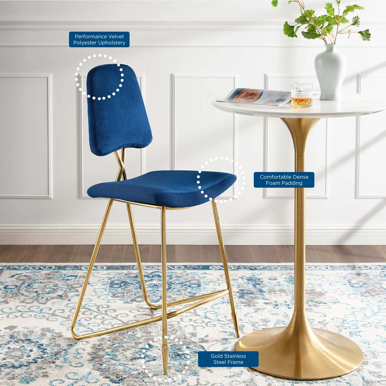 Ponder Performance Velvet Bar Stool by Modway