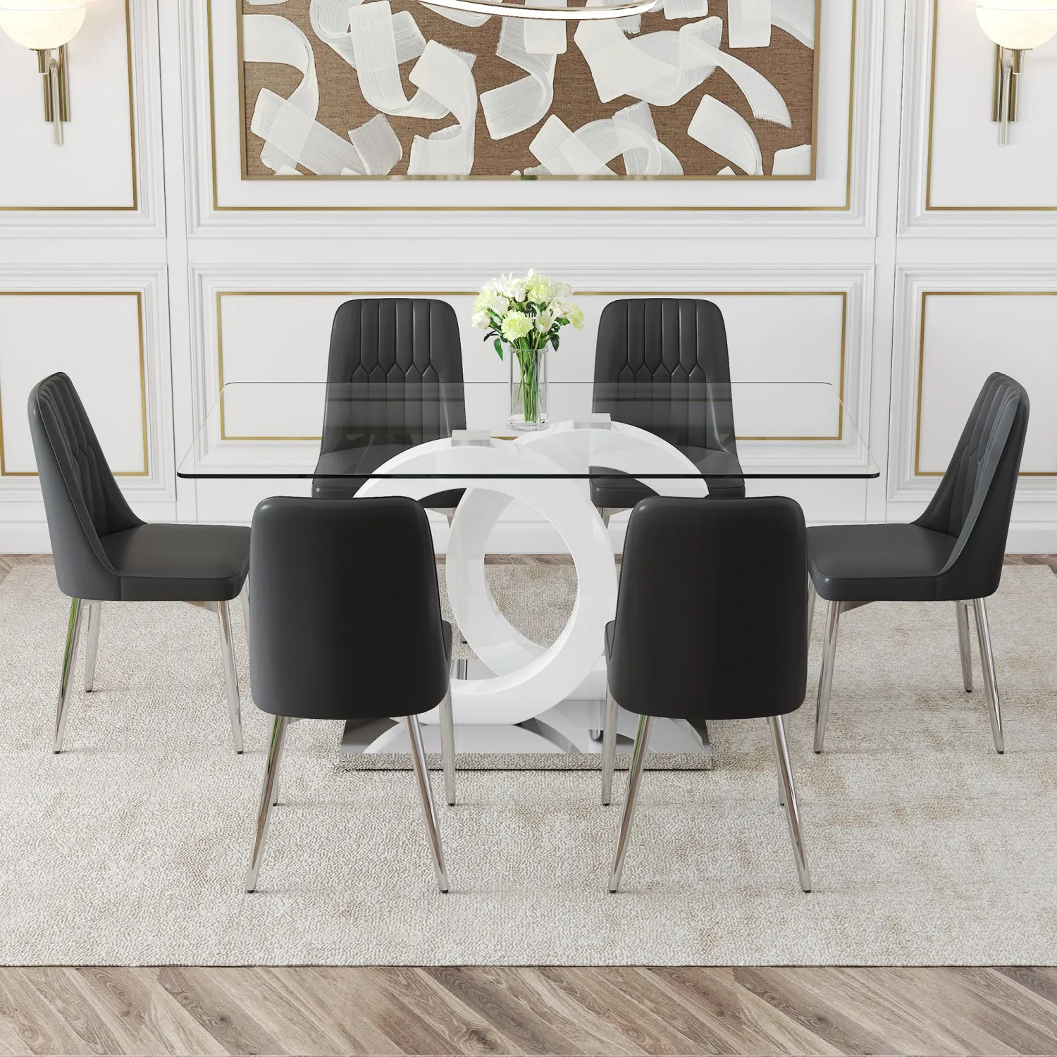 Streamdale 7-Piece Dining Set Glass Table & 6 PU Leather Chairs