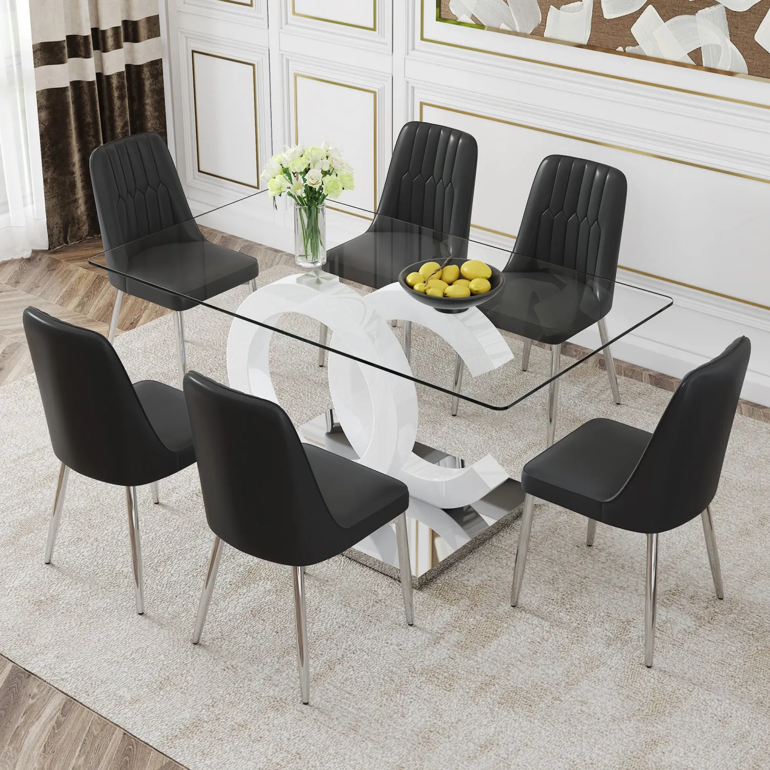 Streamdale 7-Piece Dining Set Glass Table & 6 PU Leather Chairs