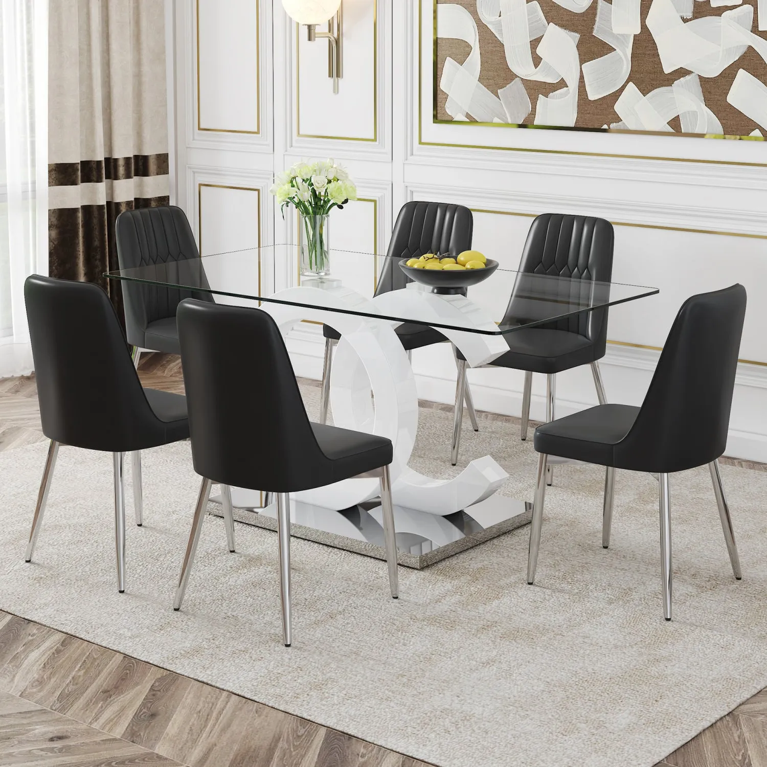 Streamdale 7-Piece Dining Set Glass Table & 6 PU Leather Chairs