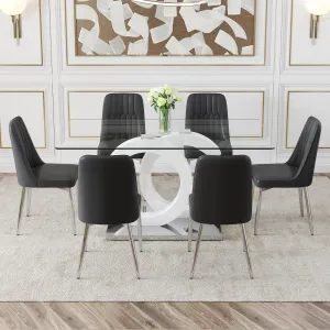 Streamdale 7-Piece Dining Set Glass Table & 6 PU Leather Chairs