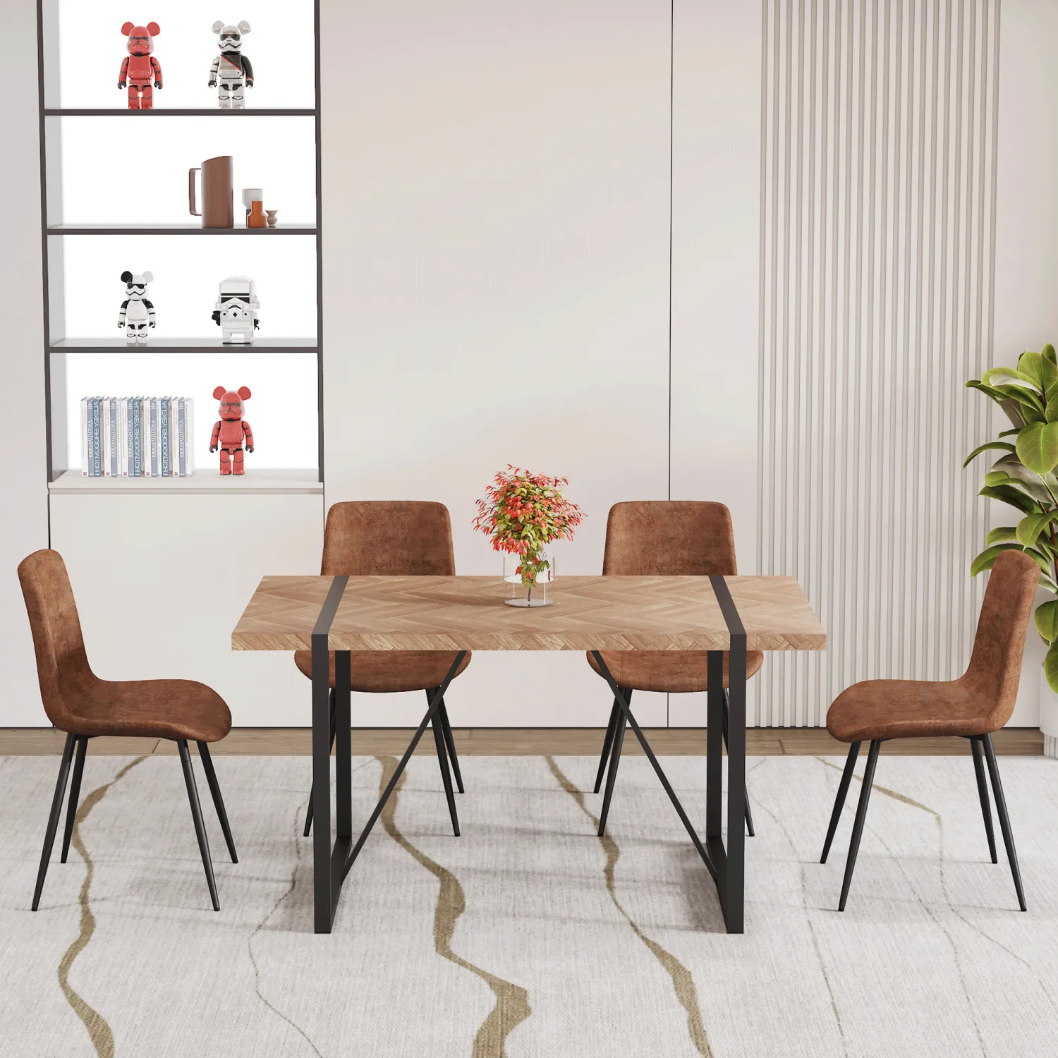 Streamdale Retro Wood Table & 4 Brown Tech-Fabric Chairs