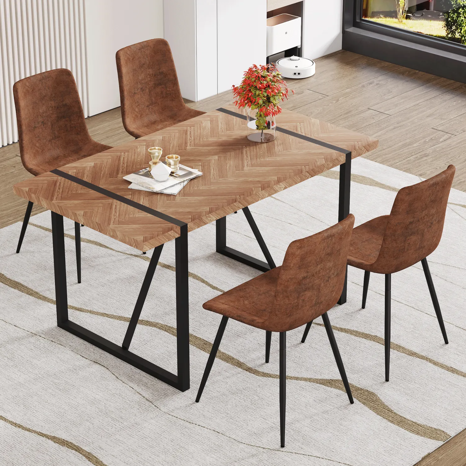 Streamdale Retro Wood Table & 4 Brown Tech-Fabric Chairs