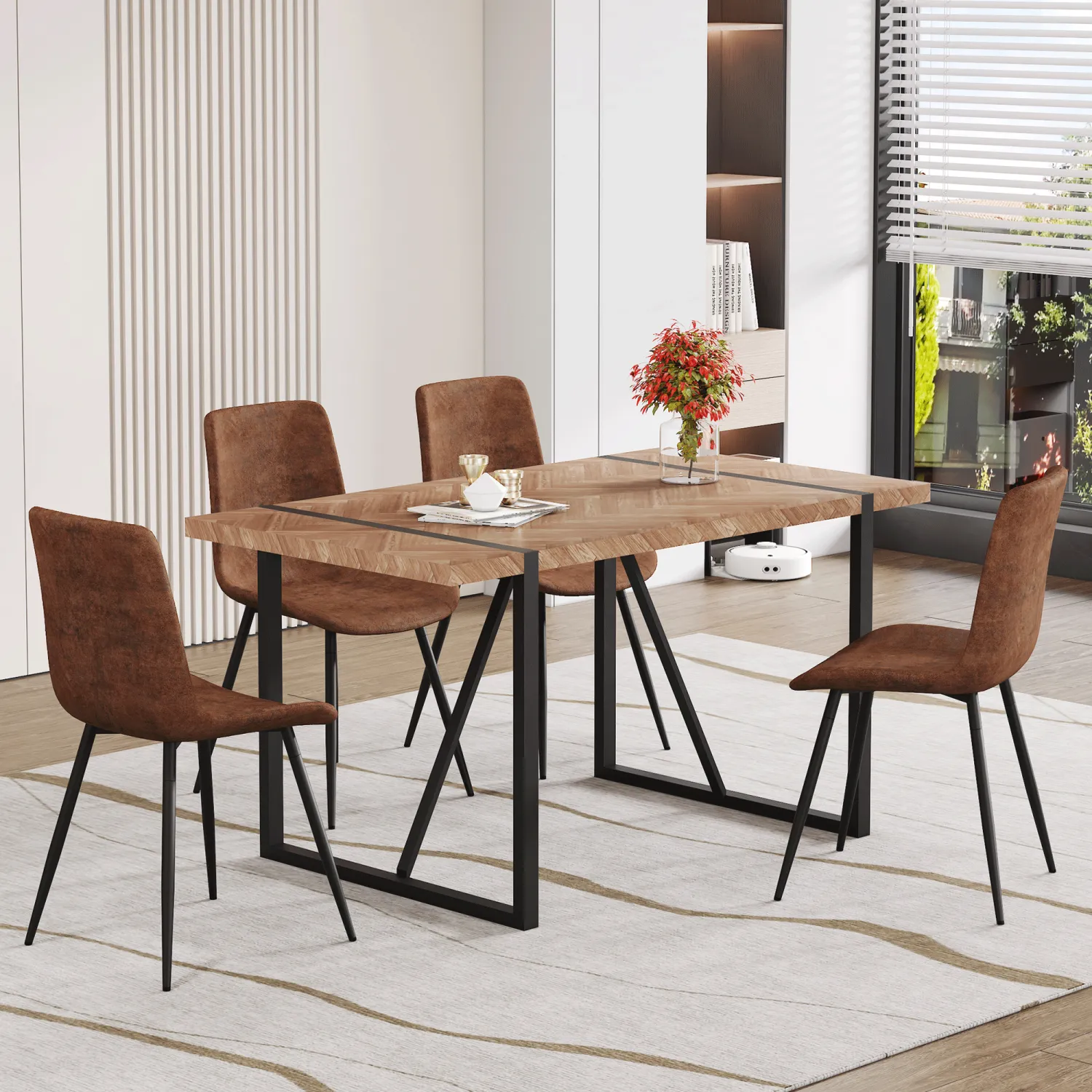 Streamdale Retro Wood Table & 4 Brown Tech-Fabric Chairs