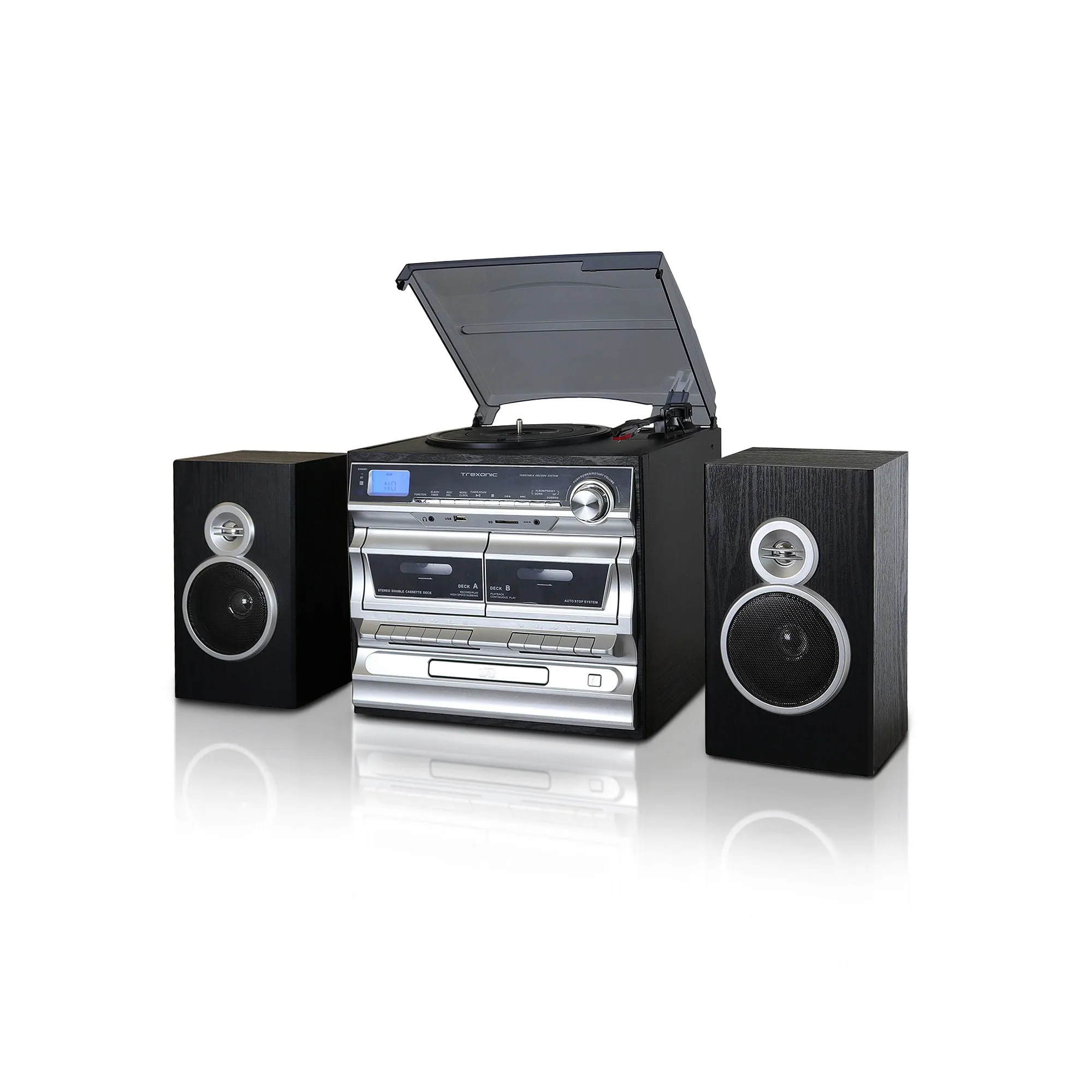 Trexonic 210104737M 3-Speed Turntable with CD Player, Double Cassette Player, Bluetooth, FM Radio