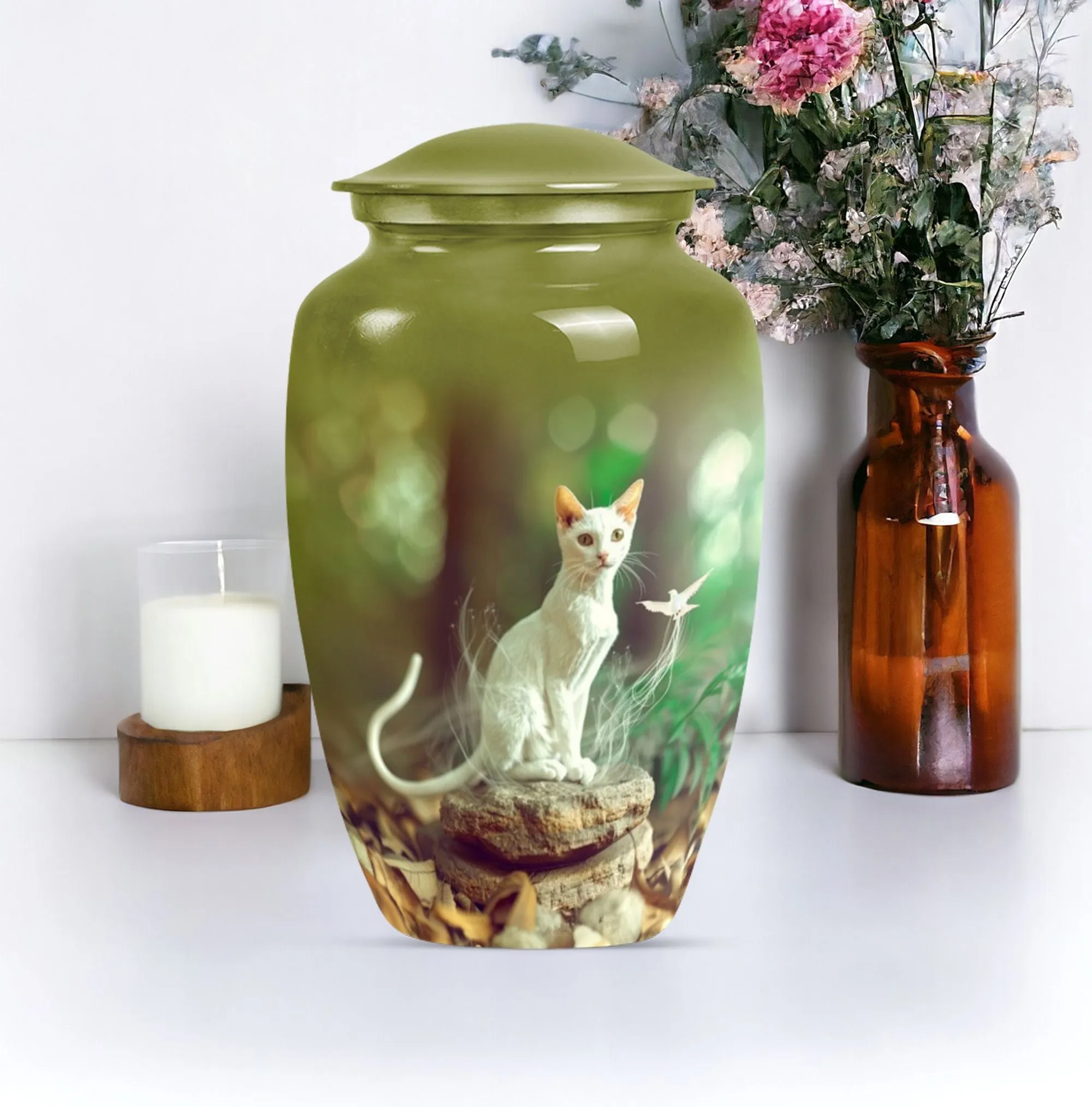 White Cat Memorial Urn: Precious Burial Ashes Home