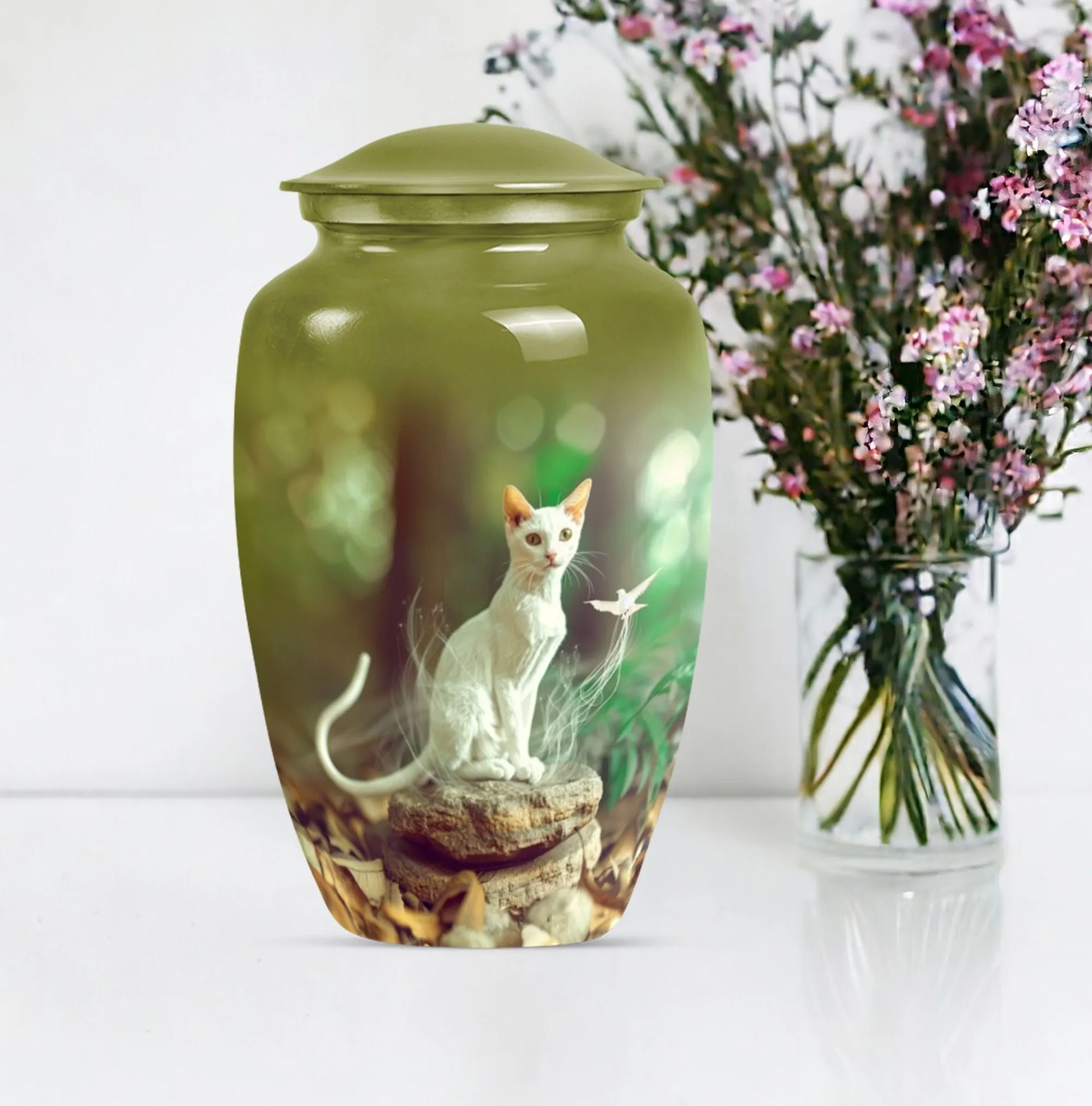 White Cat Memorial Urn: Precious Burial Ashes Home