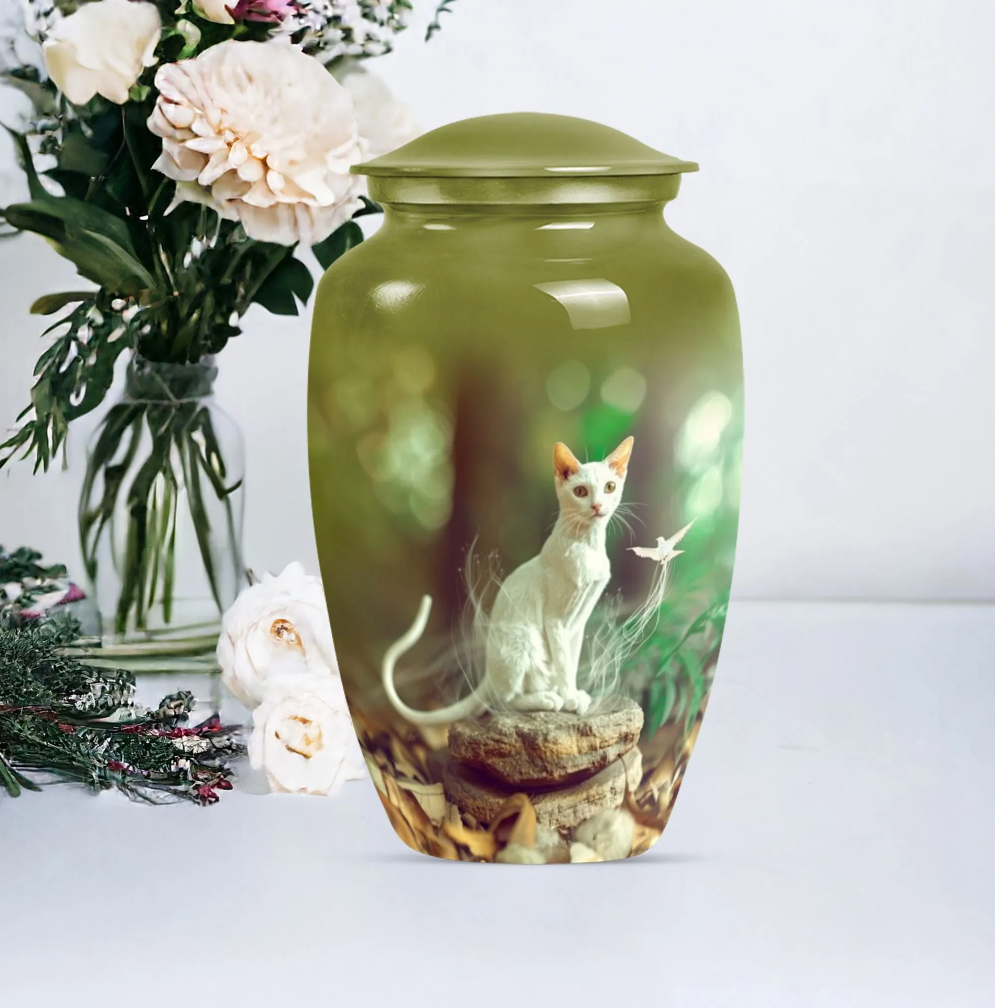 White Cat Memorial Urn: Precious Burial Ashes Home