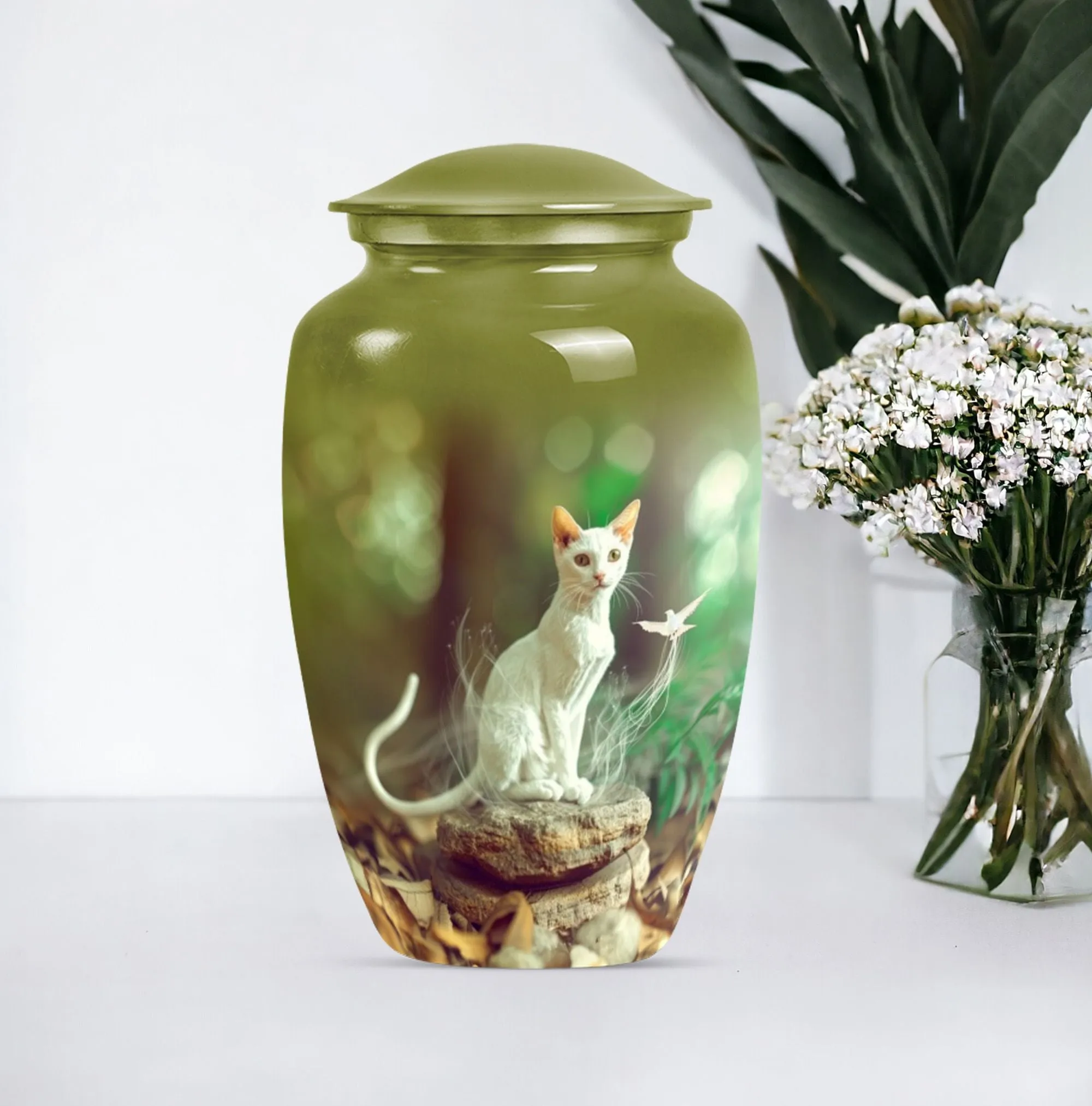 White Cat Memorial Urn: Precious Burial Ashes Home