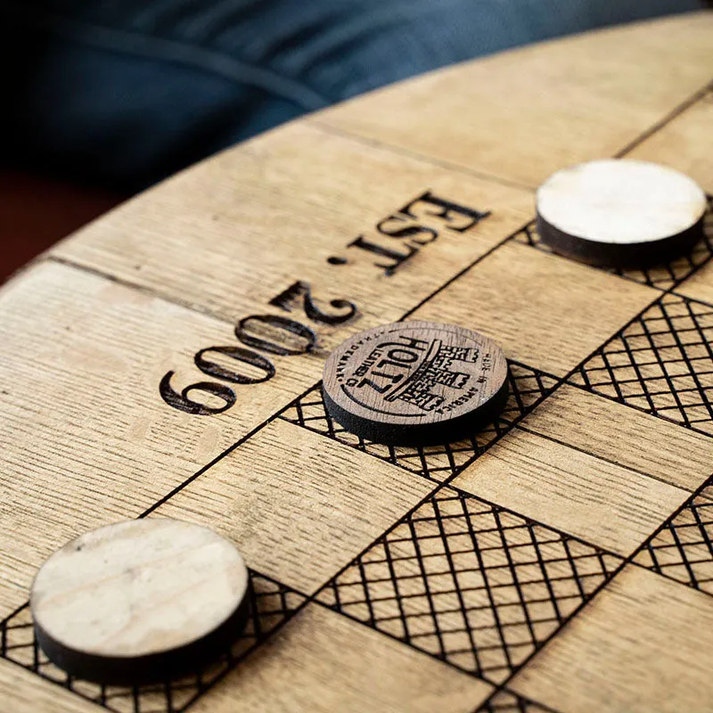 Your Logo   Our Barrels - Tennessee Whiskey Barrel Checkerboard Side Table - Custom Logo and Corporate Gifting