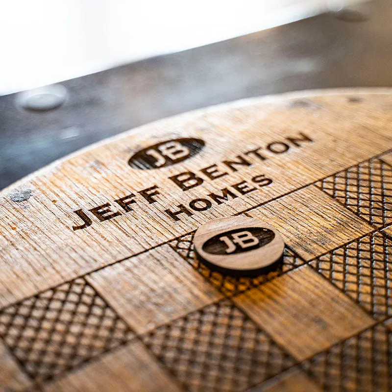 Your Logo   Our Barrels - Tennessee Whiskey Barrel Checkerboard Side Table - Custom Logo and Corporate Gifting